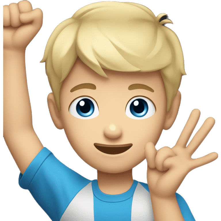 Young Caucasian boy with short black hair and blue eyes raising his hand against a black background emoji