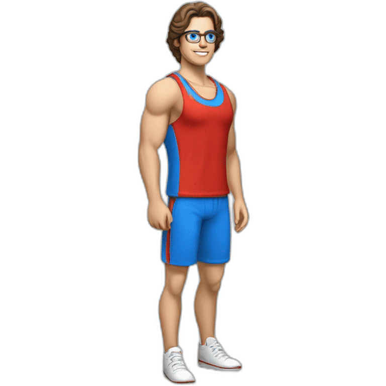 retro 70s blue and red gym clothes for a modern white brunette uni male student with glass emoji