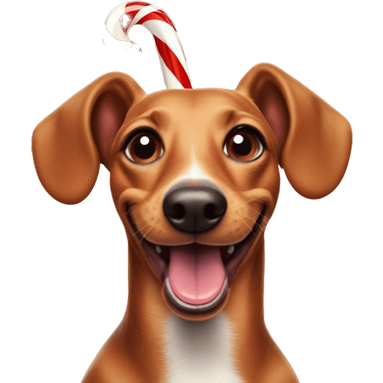 Sausage Dog smiling christmas candy cane in mouth emoji