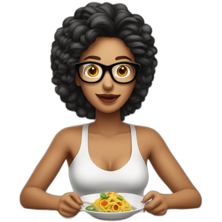 mujer gafas piel blanca pelo largo negro comiendo espagueti con camarones emoji