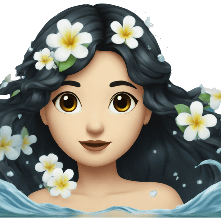 Pretty young Lady with black hair flowers in hair white dress surrounded by flowing water emoji