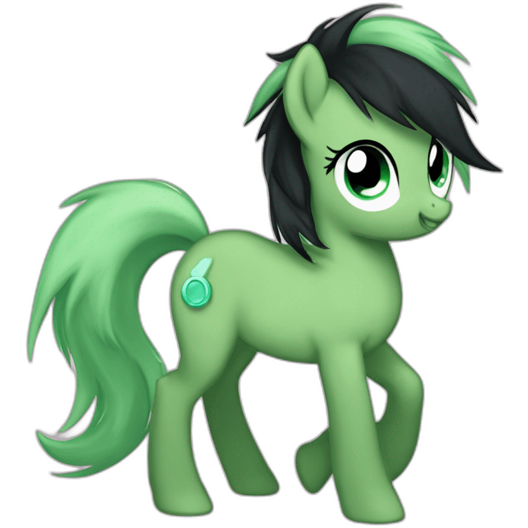 filly from equestria with a green coat and a black dishevelead mane and tail with a cutie mark with a cutie mark emoji