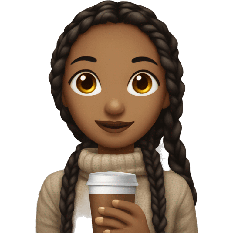 Light brown girl with black long braids and a hot chocolate emoji