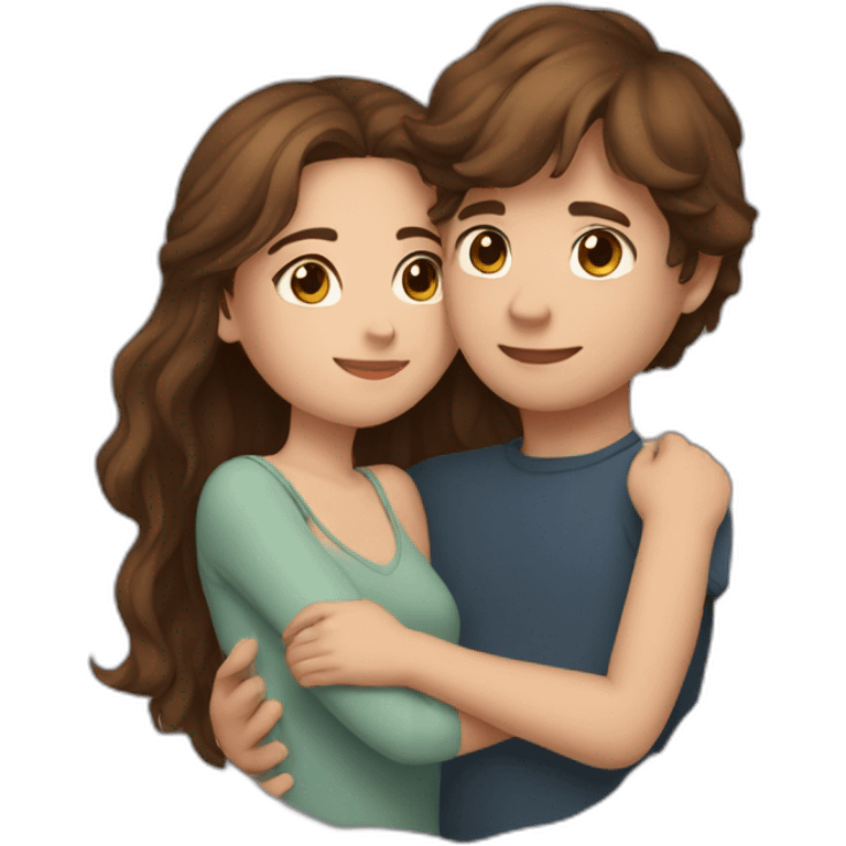 Beautiful Girl with long brown hair and boy with short brown hair cuddling at night emoji