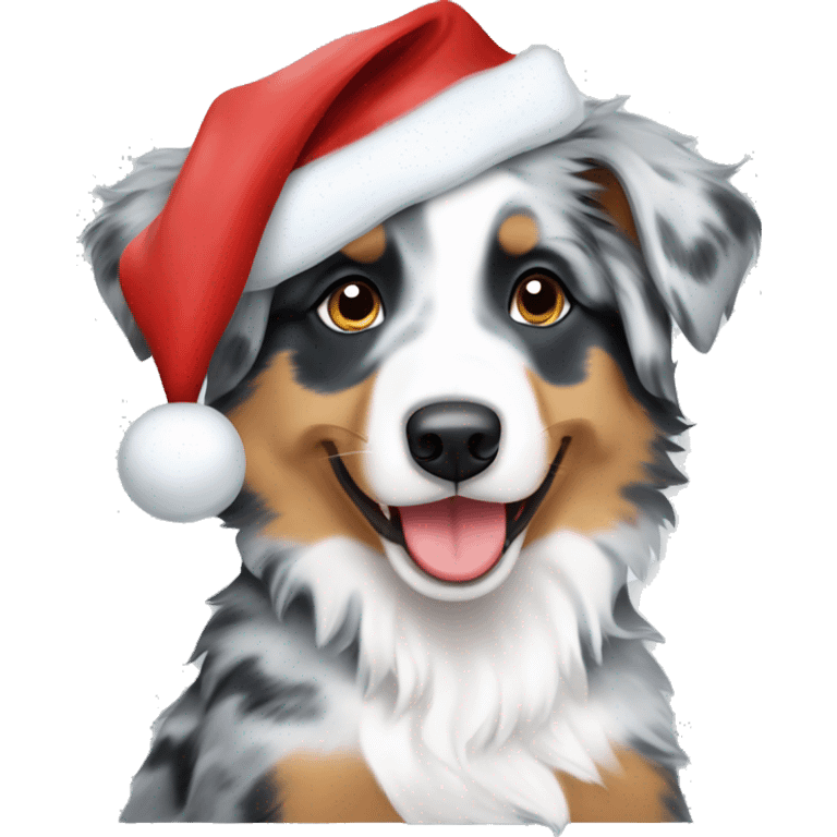 a blue merle australian shepherd puppy in a santa hat emoji