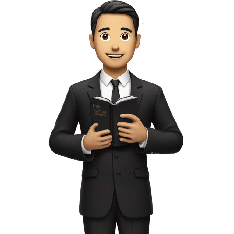 An asian preacher holding a bible in black tuxedo emoji