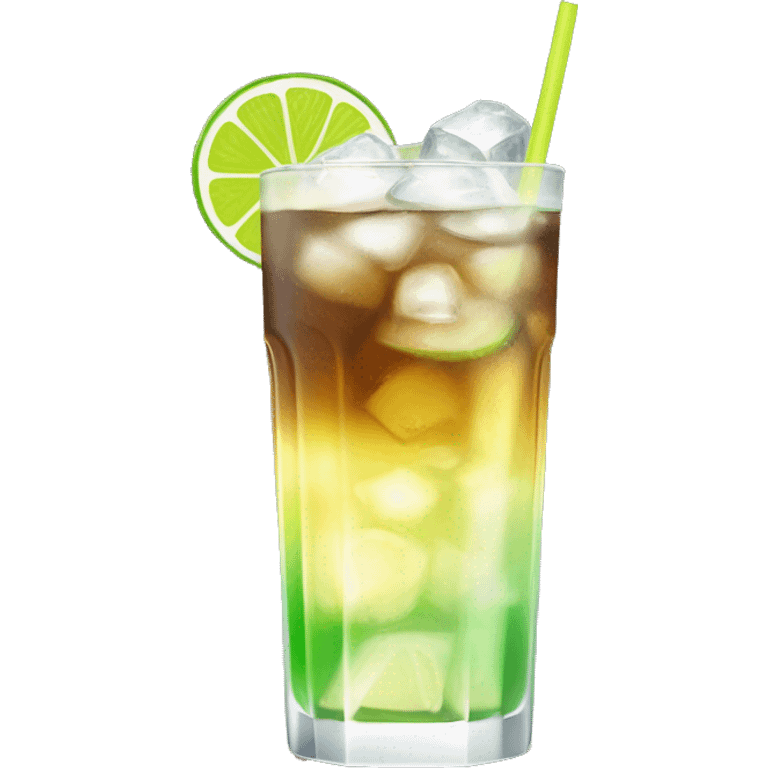 a tall and thin highball cocktail with 2 colors, brown on the bottom and light yellow on top with thin crush ice and a straw, juste one drink, clear separation between colors, lime on top emoji