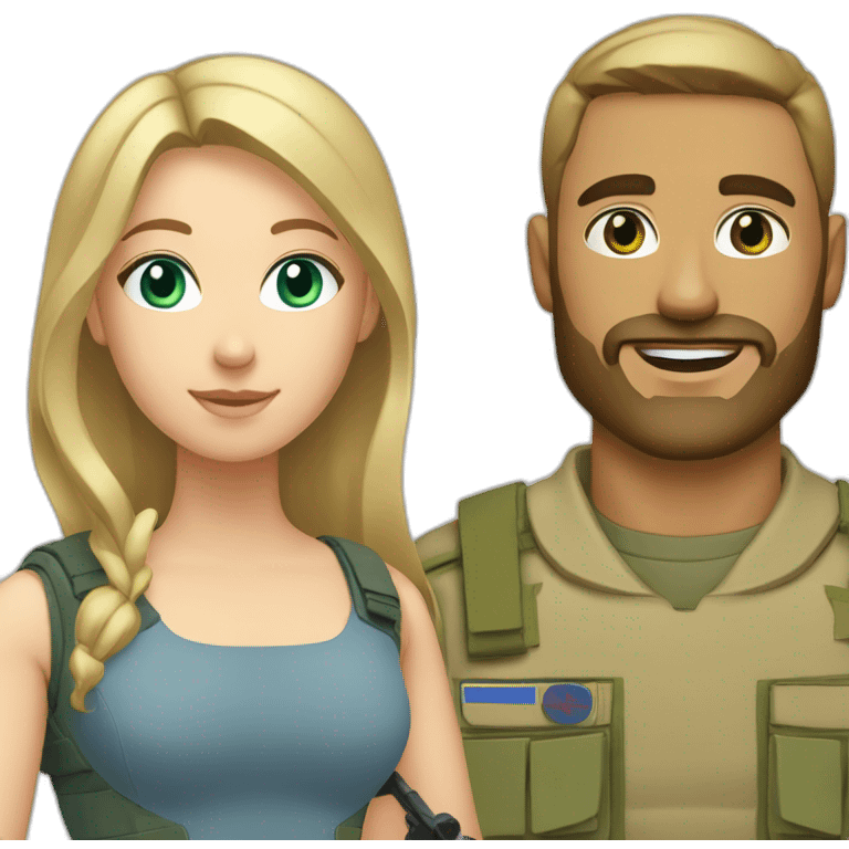 military blonde man with beard, blue eyes with girl who has long light-brown hair and green-grey eyes emoji