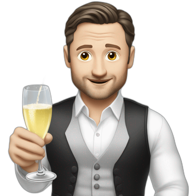 tim robinson dark black slicked back hair white shirt with a light grey vest spraying champagne emoji