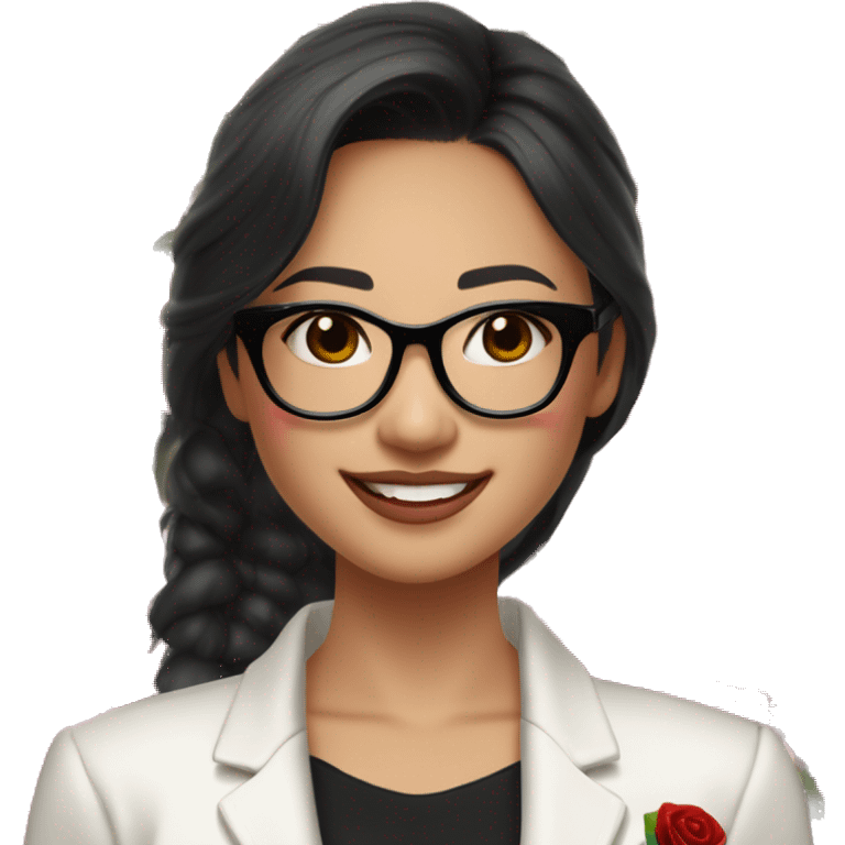 Asian girl, smiling with teeth and dimples on the cheeks, fair skin, black long hair, black eyes, black glasses with gold frames, red lipstick, wearing a white lace tank top and a black office jacket on top, with pink and red roses around her emoji