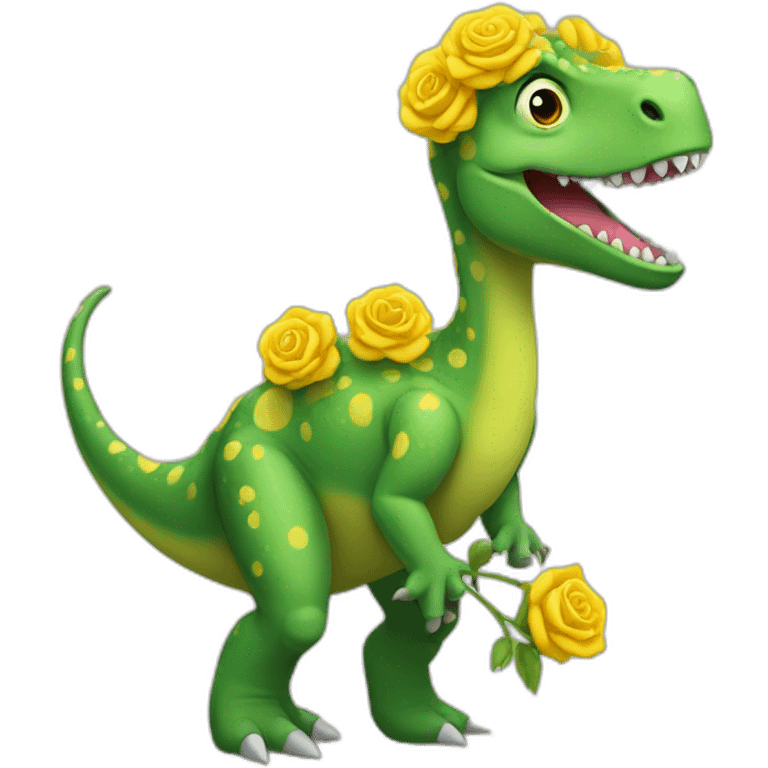 Green dinosaur with yellow spots holding roses  emoji