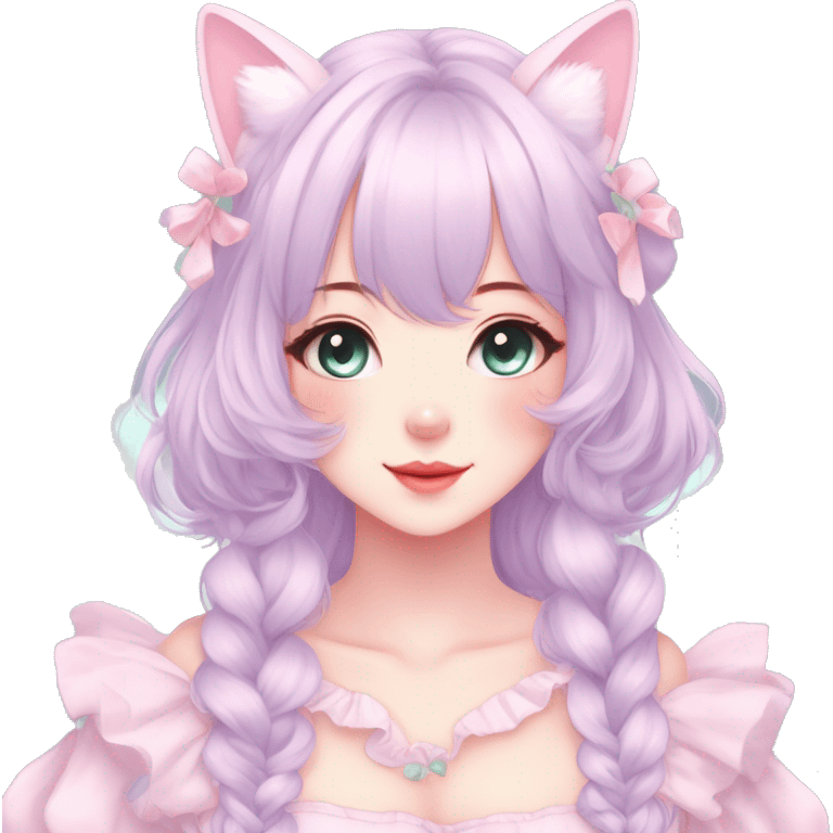 Gorgeous pastel anime style lady with blushing face and cat ears cottagecore fairycore pastelcore colorful pearly romantic simplistic aesthetic trending style full body emoji