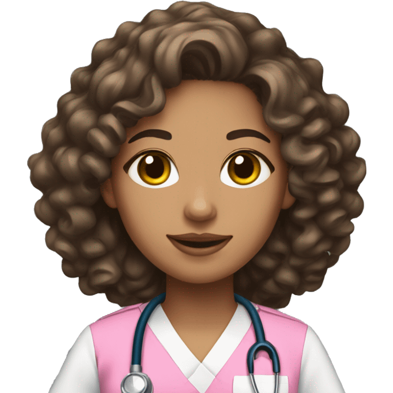 Light skin nurse with brown longer curly hair in pink scrubs emoji