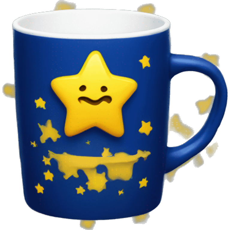 Dark blue Coffee cup with yellow stars and looks printed on it   emoji