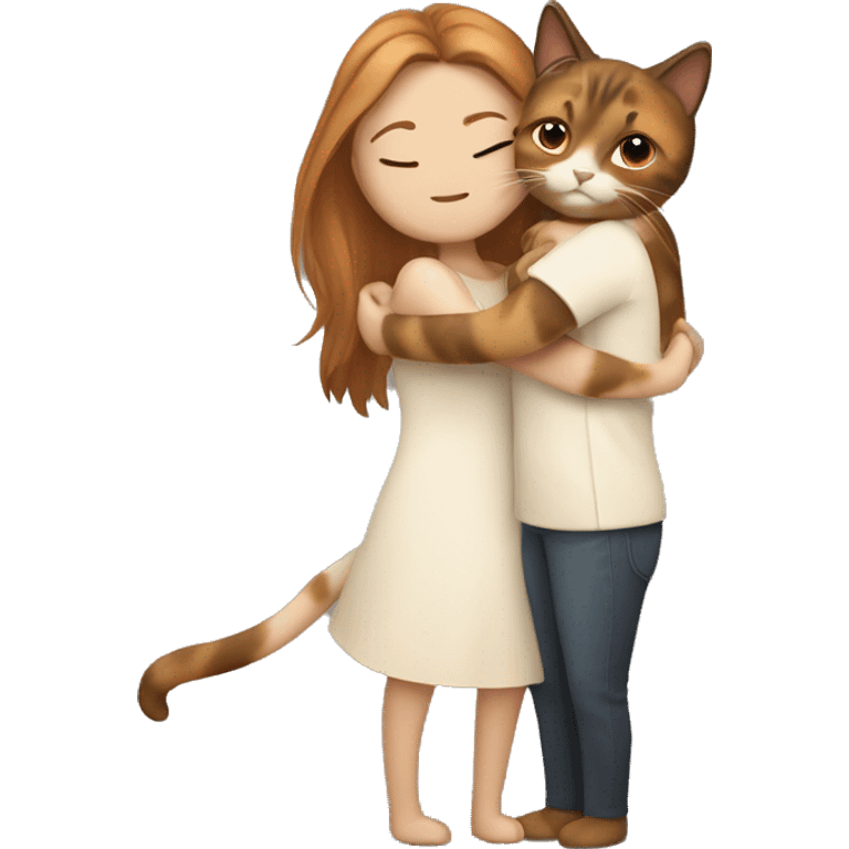 small calico cat hugging long brown hair white woman emoji