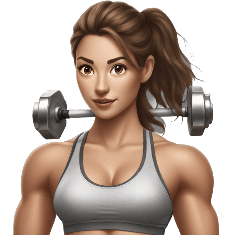 Hyperrealistic pencil drawing of athletic sexy girl with brown hair with barbell emoji