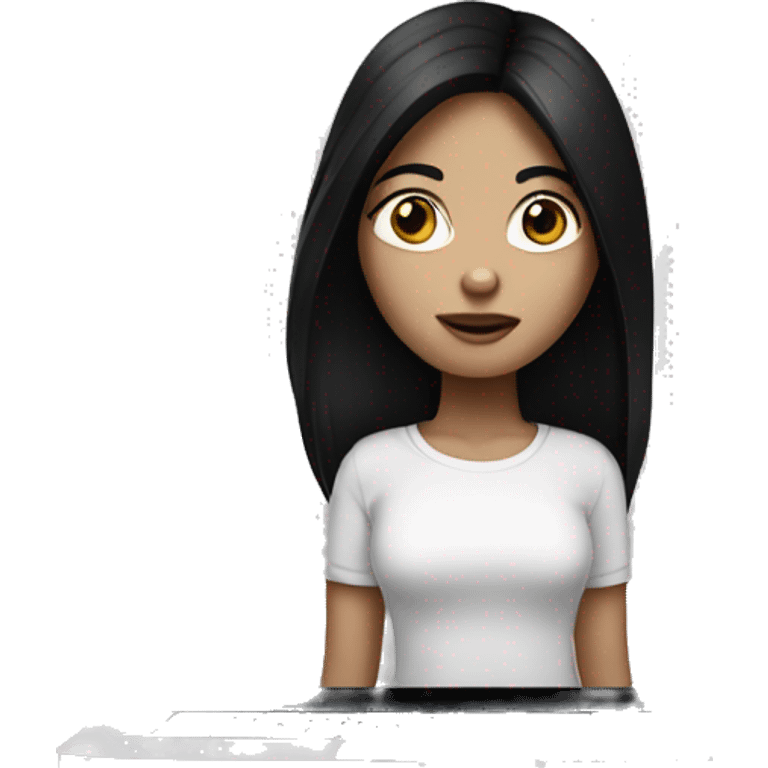 Girl with dark black hair black eyes and white skin hold macbook emoji