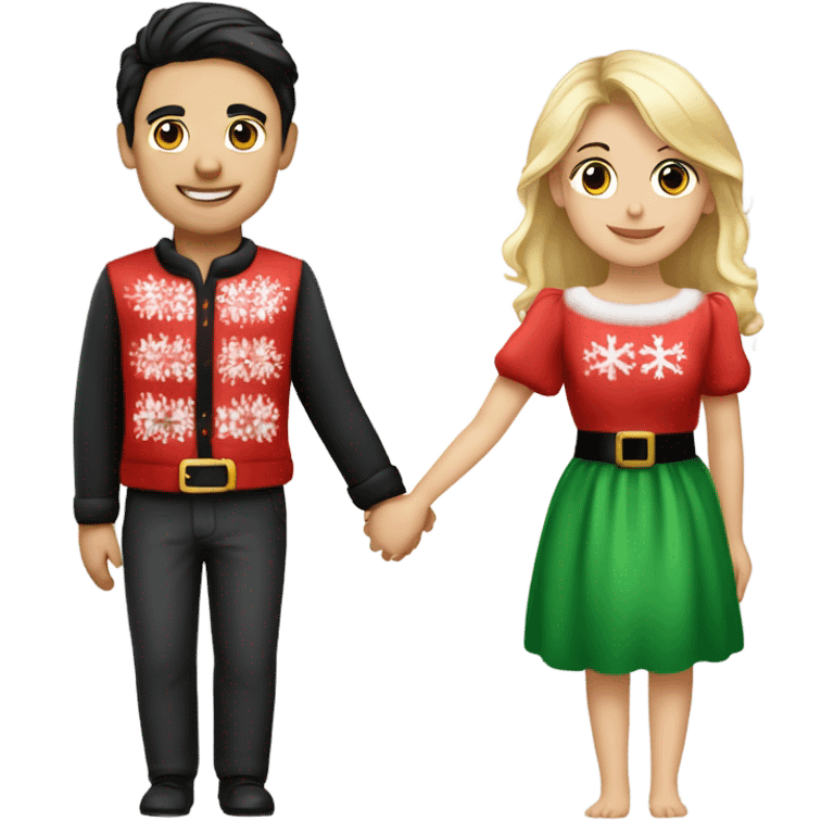 A couple (a handsome young Italian guy with black hair, pretty German/English girl with blonde hair) holding hands wearing Christmas outfits emoji