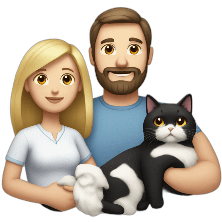 Family photo a fat husband with a beard is holding a white cat and wife with straight hair is holding a black cat emoji