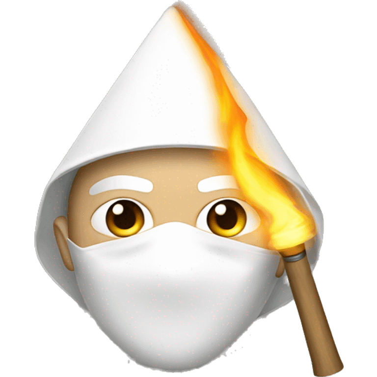 White man wearing a white triangle mask with a torch emoji