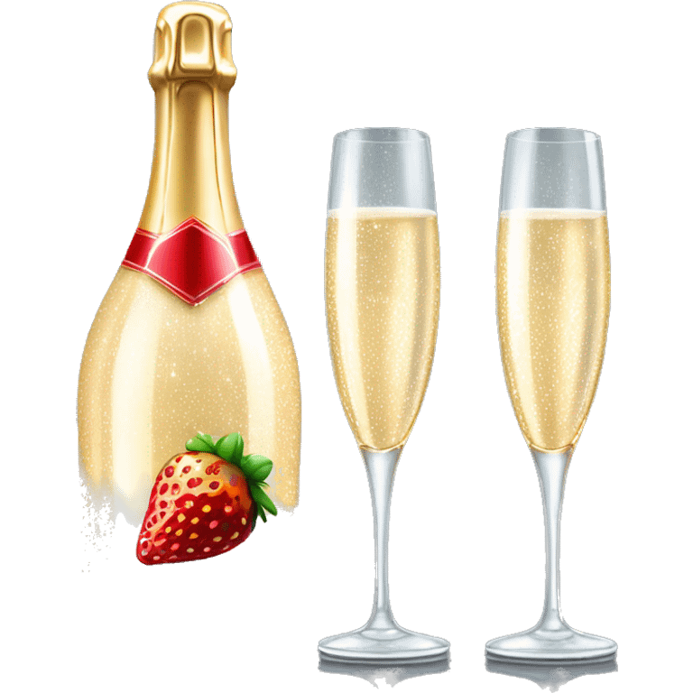 Realistic sparkling diamond glam bottle of champagne with matching skinny glass filled with the champagne with strawberry in the bottle of glass. emoji