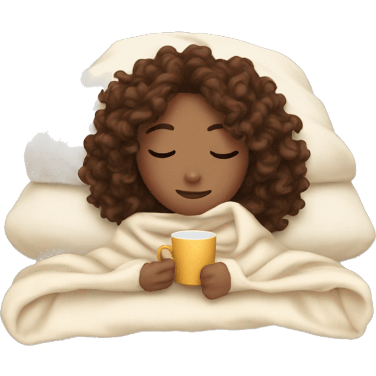 girl with curly brown hair inside a blanket sipping coffee eyes closed emoji