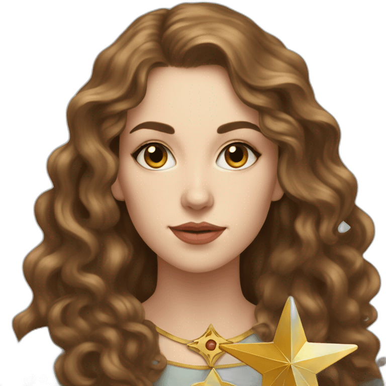 white young elegant woman with long brown curls and a tarot card that has a golden star emoji