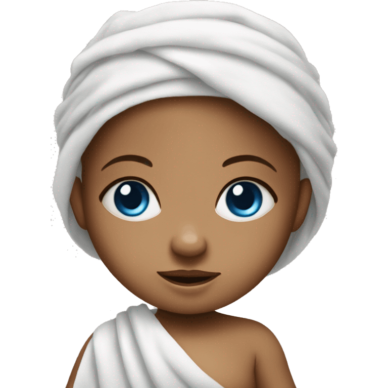 little baby girl with blue eyes in towel emoji