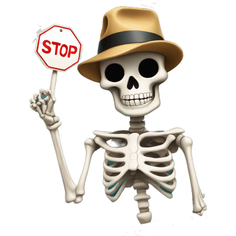 skeleton emoji wearing a hat holding a stop sign and salt emoji