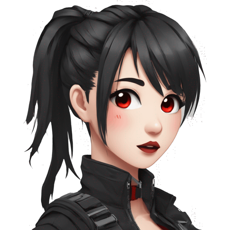 Gorgeous techwear anime style lady with blushing face aesthetic and pretty edgy black red punk messy ponytail with collar and harness trending style emoji