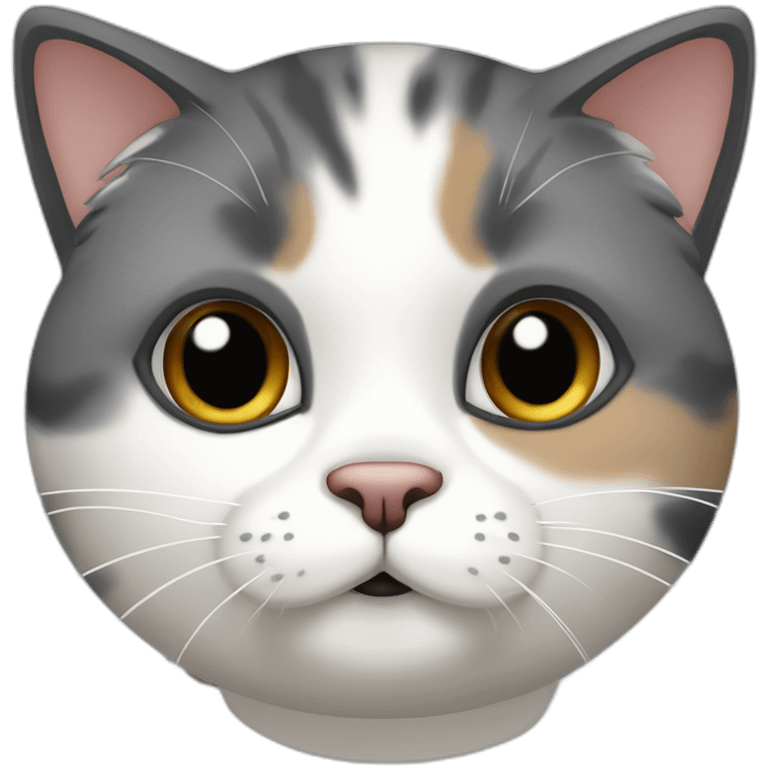 senior chubby diluted calico cat, white chin, black nose, grey ears, grey and white emoji