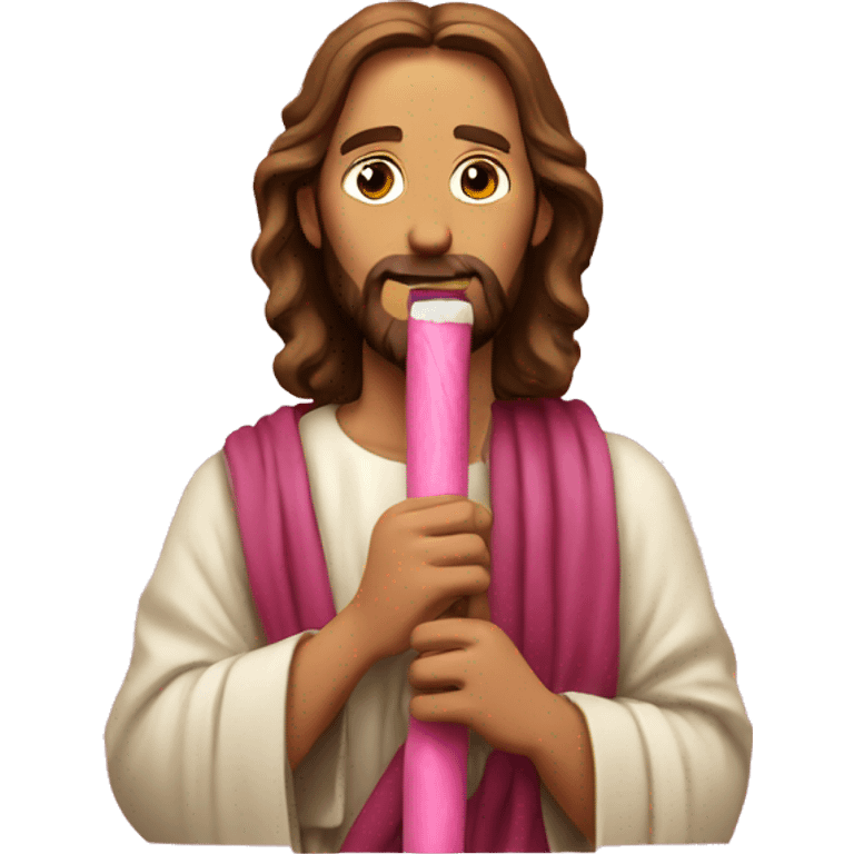 Jesus eating a pink stick emoji