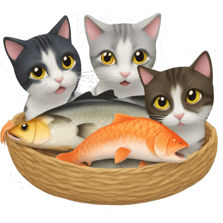 four cats eating one fish emoji