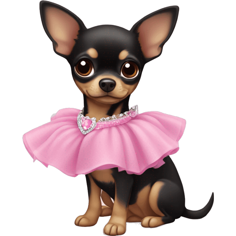 black & tan chihuahua puppy wearing a pink princess dress emoji