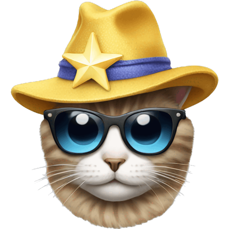 cat wearing sunglasses and a star hat emoji