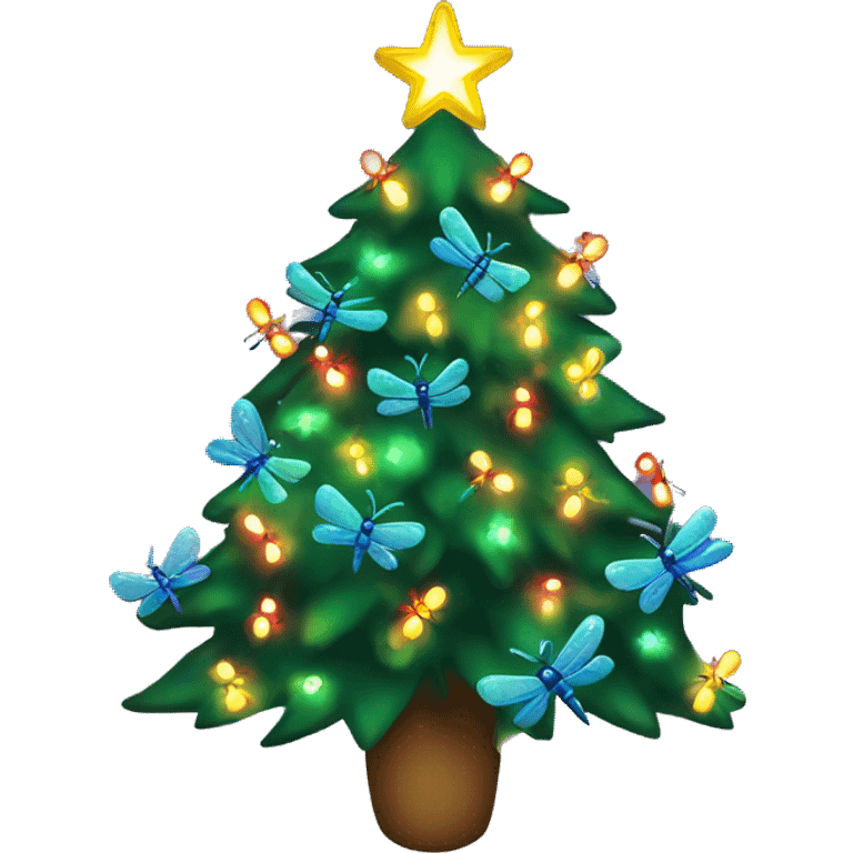 Christmas tree with colorful dragonflies as decorations lit up  emoji