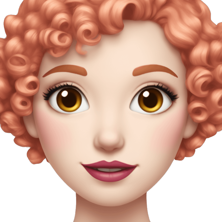 Girl with very pale skin, with bright red pixie cut curly hair, heavy eye makeup, cat eyeliner, long eyelashes, bright pink blush and bright pink lipstick  emoji