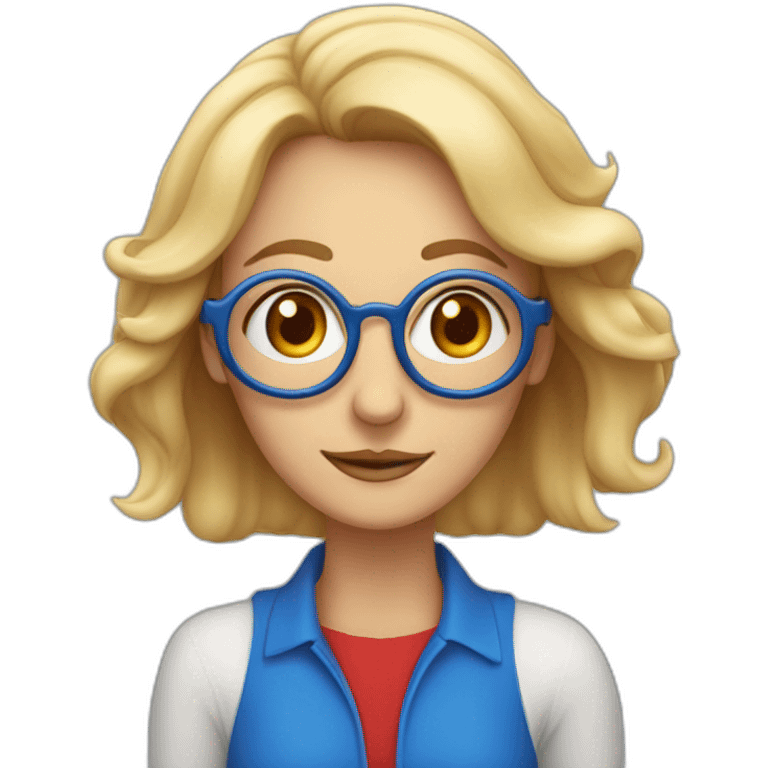 Leona, 63 años, rubia canosa, ojos azules, con lentes muy Rojo redondos, alegre emoji