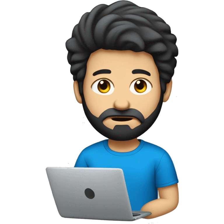 white guy with beard black hair big nose thin face typing in laptop wearing blue t-shirt emoji