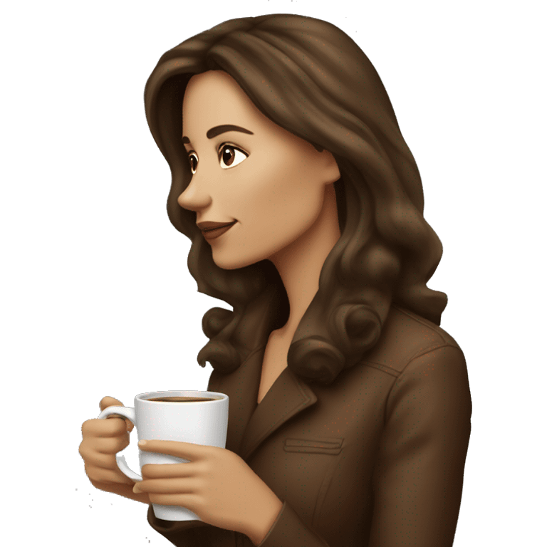 Side view realistic posh brown haired woman drinks coffee emoji