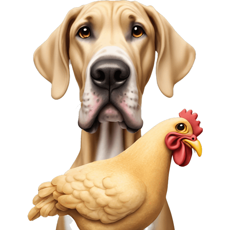 Hyper realistic tan Great Dane smiling with a stuffed chicken toy emoji