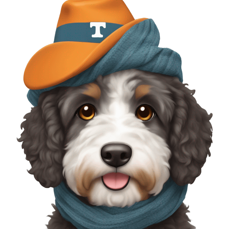 Bernedoodle with University of tennessee hat and scarf emoji