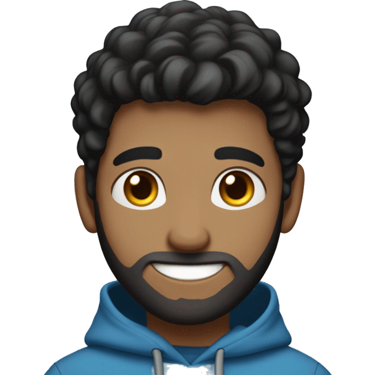 A cheerful young male digital avatar with light skin, large brown eyes, black classic hair, medium beard ,  a bright smile, and a mole on the left cheek, wearing a blue hoodie. emoji