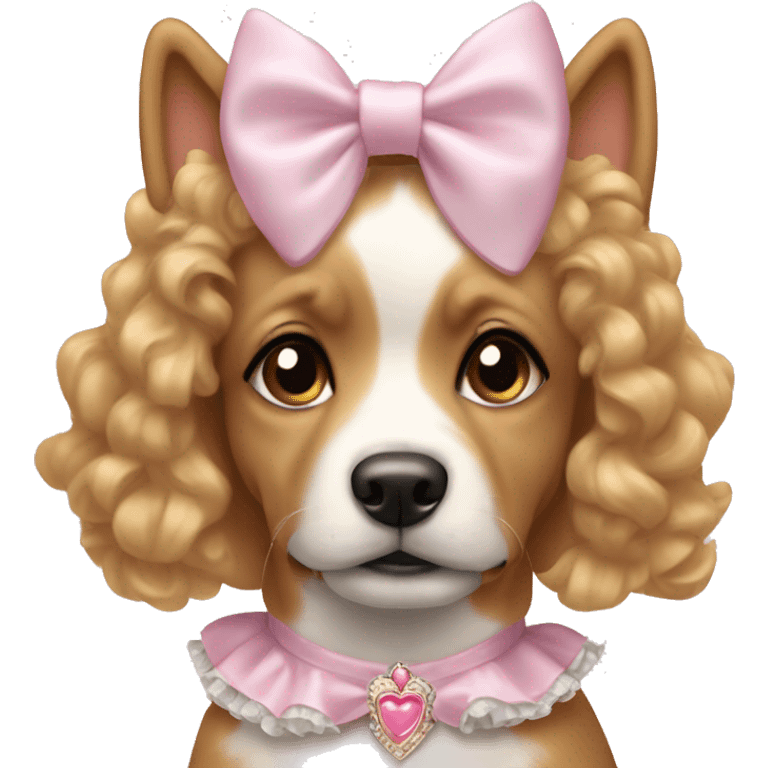 cite coquette dog wearing a bow and a frilly light pink princess costume emoji