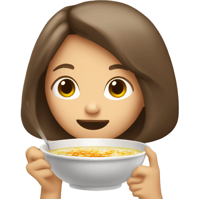 Girl with brown hair eats broth emoji