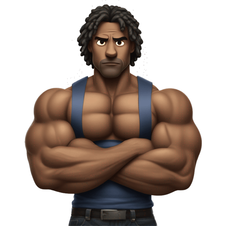 A hyper-muscular man with veins prominently visible across his arms and chest. The individual has an exaggerated physique, with massive arms crossed over a well-defined six-pack, creating a surreal and intense visual. emoji