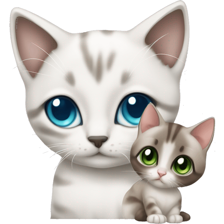 extremely cute kawaii white and gray siamese kitten with blue eyes, and brown tabby kitten with green eyes emoji