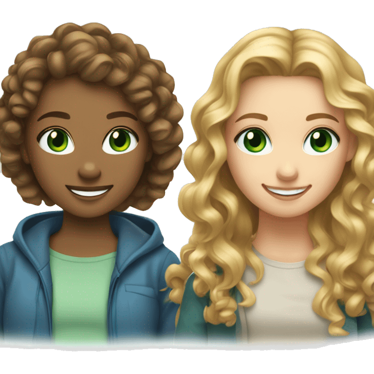 two girl hanging out, one with curly blonde hair and blue eyes and the other one with long brown hair and green eyes, both smiling emoji