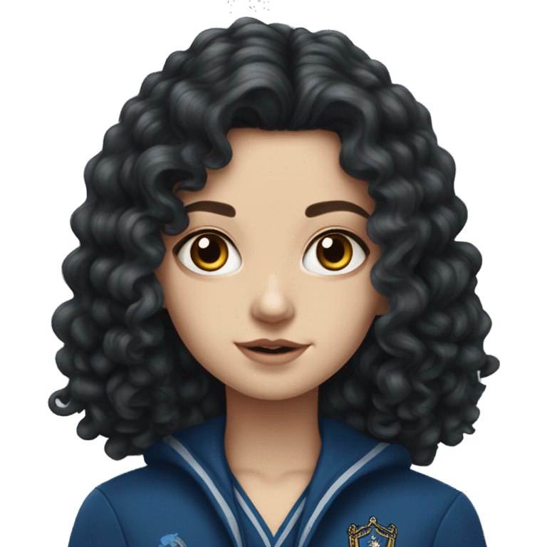 Hyper realistic White girl with long black curly hair wearing a ravenclaw school inform emoji