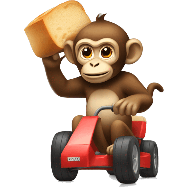 monkey driving a go cart with bread on its head emoji